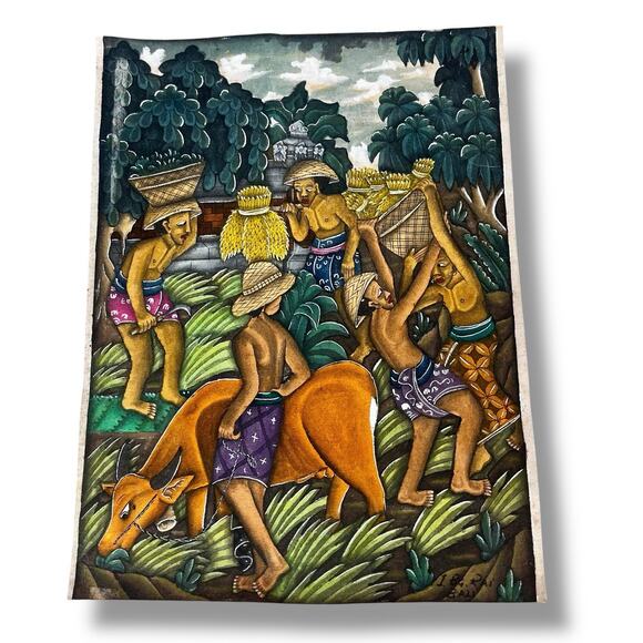Vintage Balinese Gouache Painting I.BG Rai Bali Village Scene Rice Harvest 11x8” - Picture 1 of 15